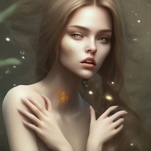 woman with Light-brown long hair, dark fantasy setting, ethereal, soft lighting, soft green eyes, medium cheeks, big forehead, wide chin, small nose, Portrait of mutant, perfect composition