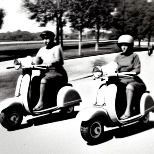 Old photo of people driving a scooter