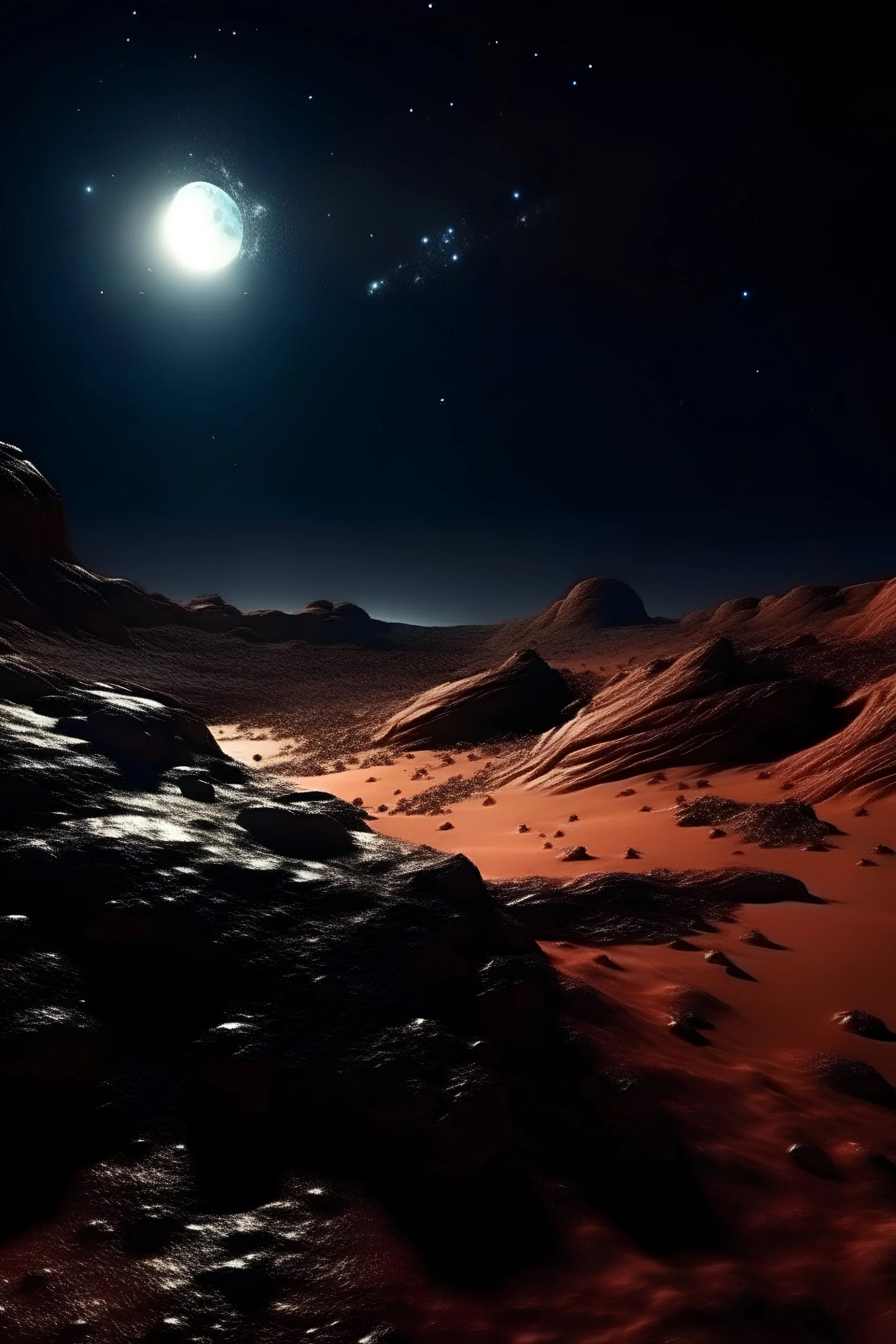 1. Martian landscape, lots of stars, constellations, beautiful planets. Wide angle lens, starry sky, ultra detail, filigree, elegant, 64k.