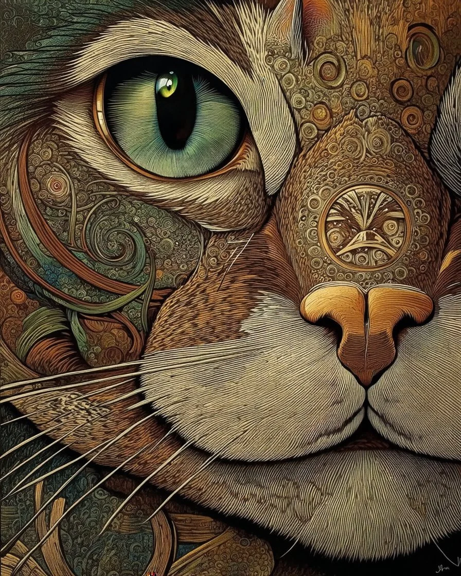 Detailed Surreal Portrait of Oriental blue and white tabby cat with green eyes by Van Gogh in muted colors.