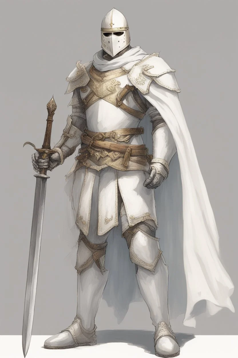 Knight wearing white armor and white cape with white face mask, holding a two handed sword