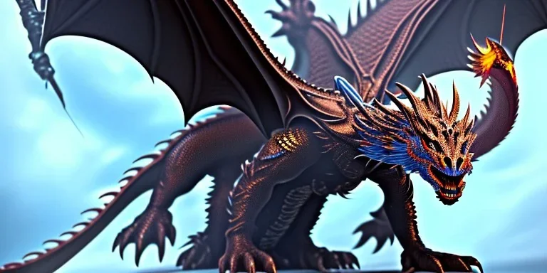 A dragon is a huge, fire-breathing creature with shiny, armored skin and large wings that allow it to fly through the air. He has long, sharp claws on his feet and hands and a long, pointy tail that he can use to injure his opponents. Its head is covered with coarse scales and it has two large, glowing eyes that can see from head to toe. His mouth is filled with glittering teeth and he has two long, curved horns on his head. The dragon has a breathtaking presence and exudes tremendous power