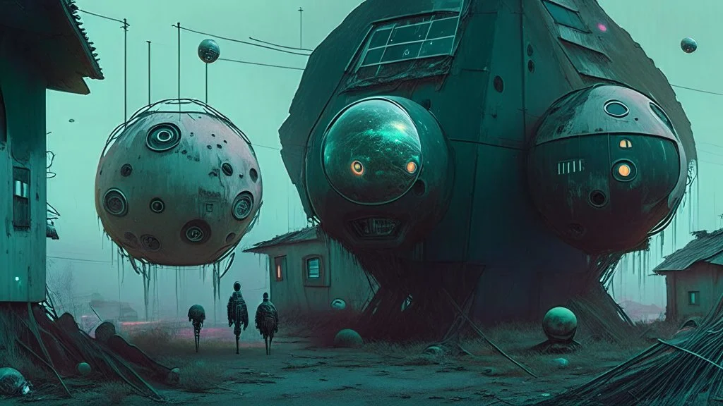 Eerie space orbs, reimagined as brutalist low cost homes, ((holographic grunge cyborg robot army)), urban futuristic, macabre, RAW, gritty, high exposure, high contrast, analog indie horror, (science fiction painting, Simon stålenhag, Denis Sarazhin, Alex Colville, Romain Trystram, Christopher Shy, Alejandro Burdisio, Tye Martinez, ominous sky), metaphysical art, obscured, RAW, GRITTY, dread, retrospective art, dusk, low light, techno gothic, narrative art, dark surrealism, sinister vibes