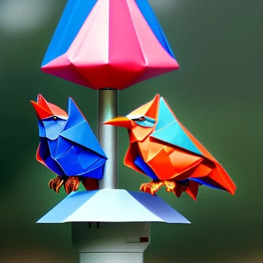 colorful origami birds sitting on a bird feeder with blue foggy bright background