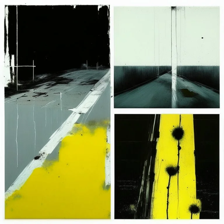 Minimal abstract oil paintings desolate 1960s carpark concrete fragments style of Justin Mortimer and Francis Bacon. Yellow road markings.