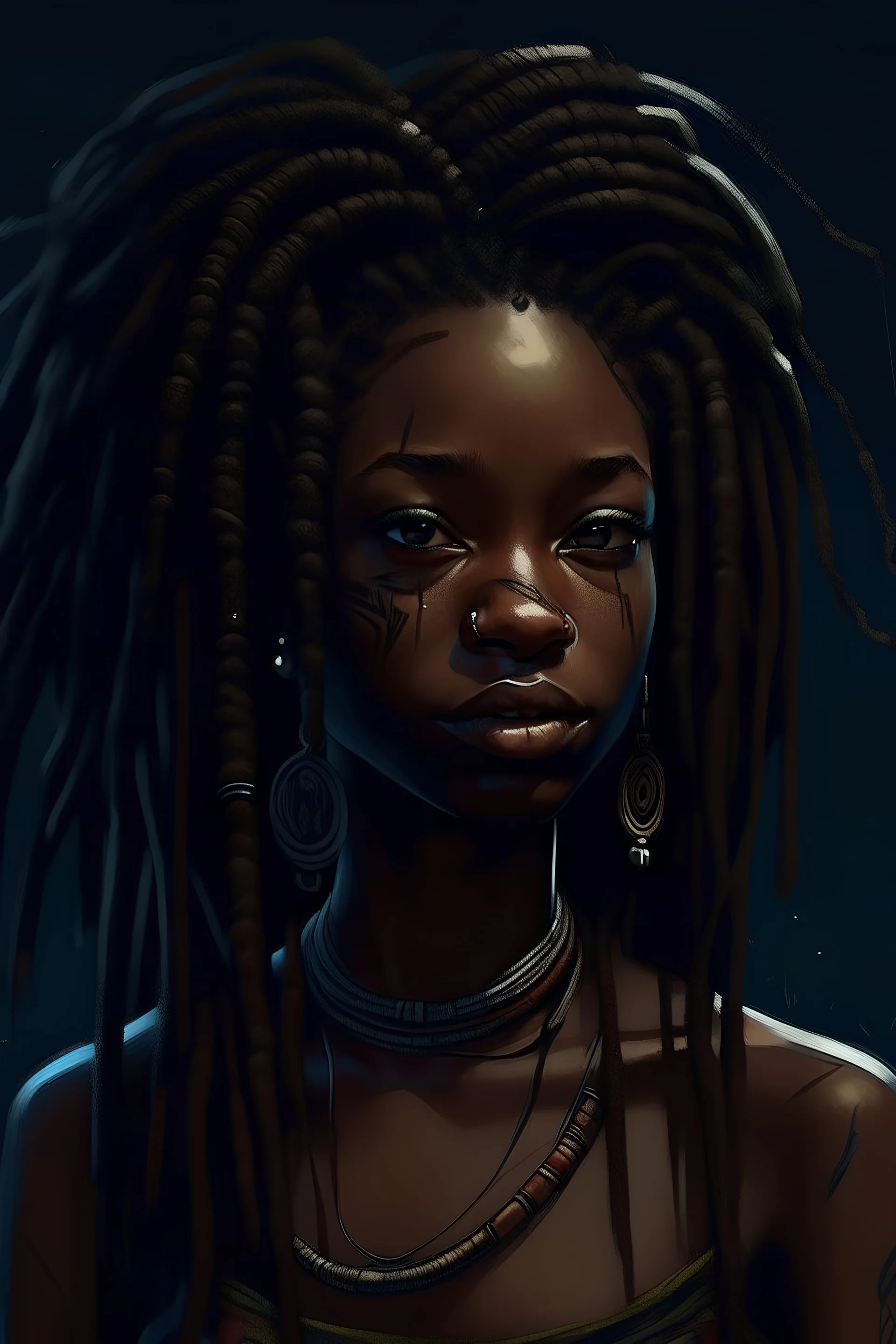 beautiful black girl, very dark skin, dreadlocks, 4k, painted, in the style of Ferdinand Knab