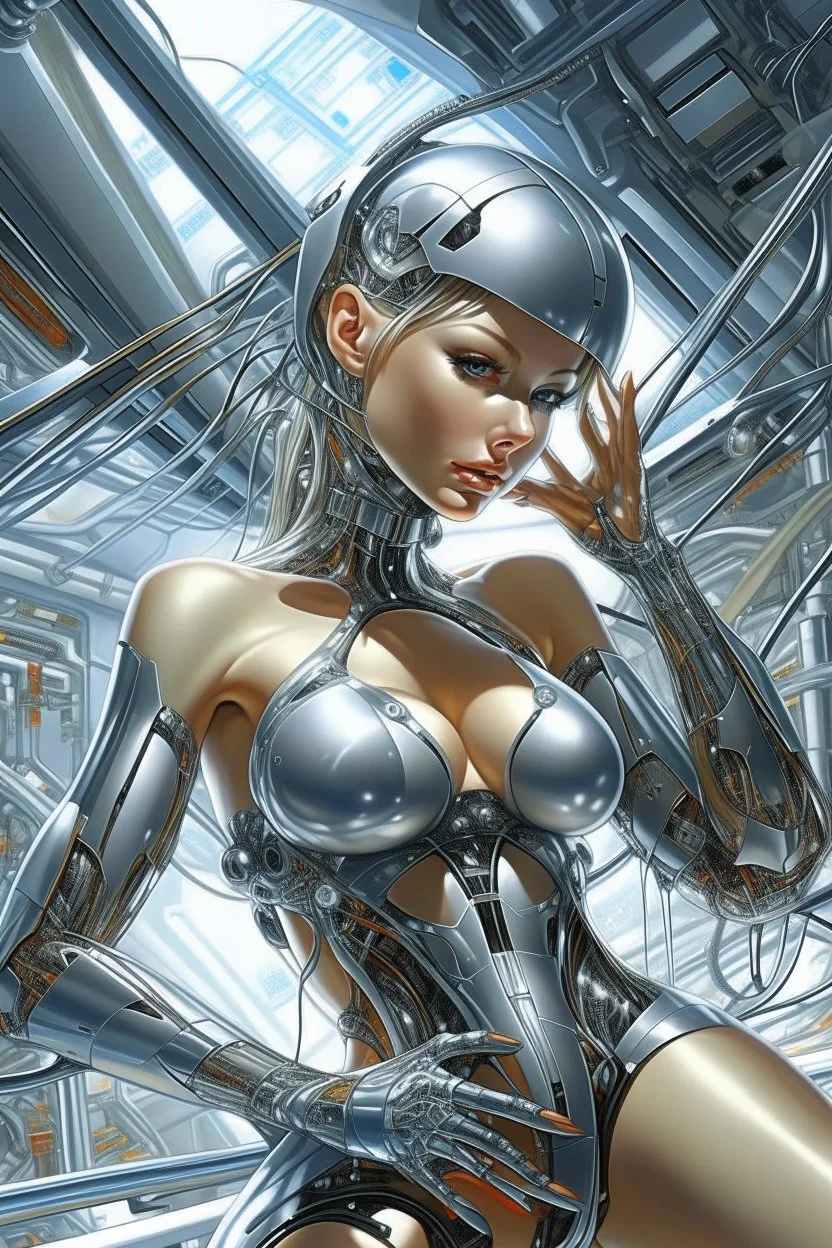 A digital painting by Hajime Sorayama of tech beautiful cyborg girl inside a futuristic matrix.