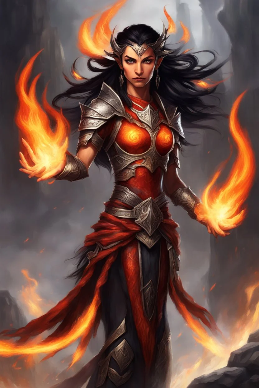 Visualize a fierce eladrin druid with blazing jet-black hair on fire, conjuring flames with her hands. Her eyes shine bright red with a fiery intensity. Flames dance within her half-braided, cascading hair. Clad in minimalistic armor, she channels magic and fire, a scar on her face revealing battles fought. Tanned skin complements her commanding presence, embodying strength and elemental mastery in a straightforward blaze of intensity.