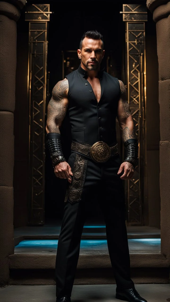 Jason David Frank as a Very muscular alpha male with short hair and tribal tattoo and piercings. Wearing a black designer suit , standing in a doorway. dark fantasy, hyperrealistic