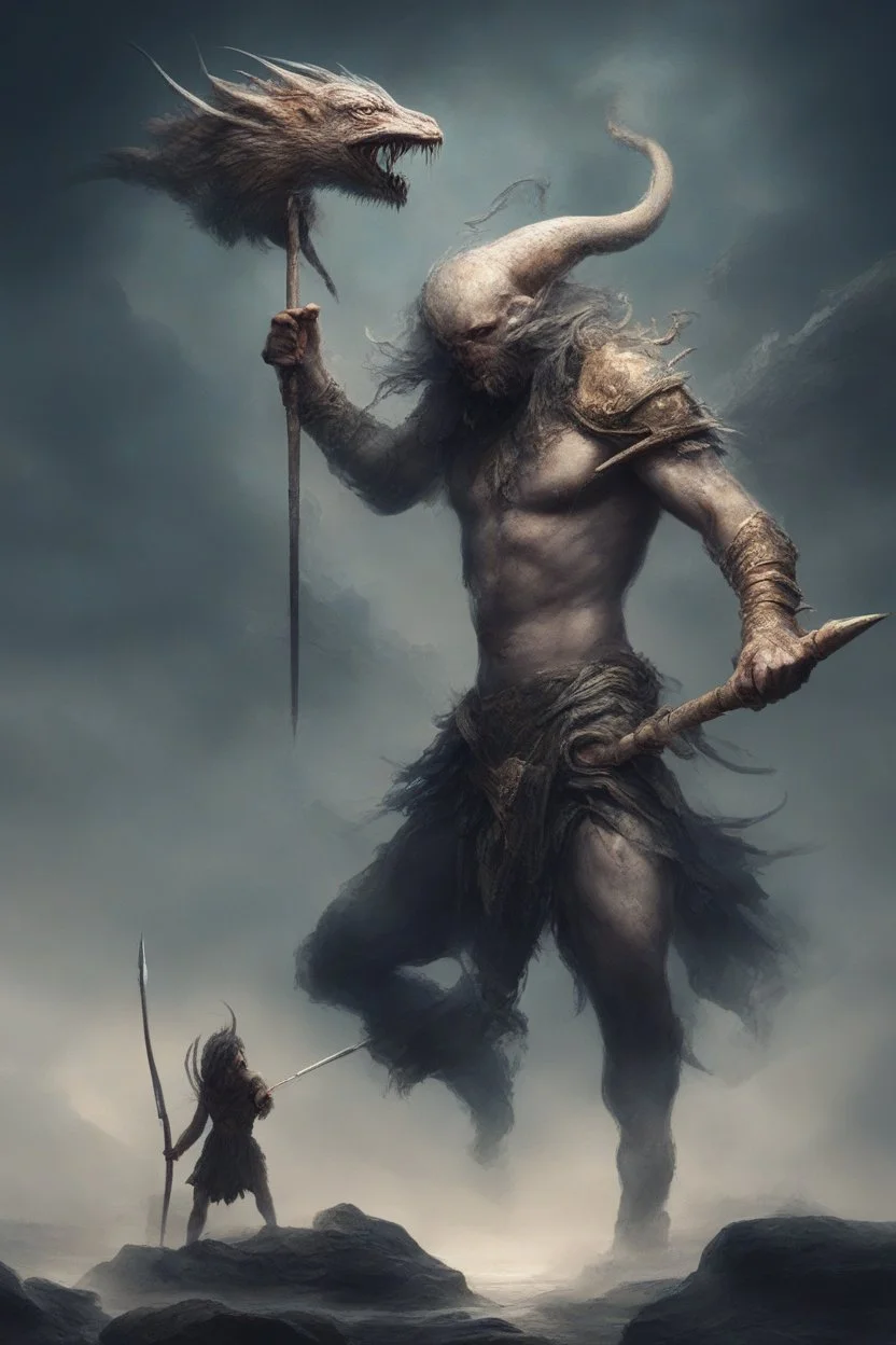 A worrier holding a spear fighting with a creature from another world