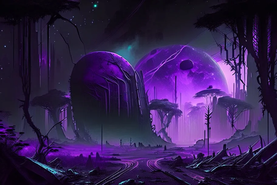 Intact & Functional Sci-fi Colony, Alien Planet Corrupted Forest, Dense Purple Fog, Dead Soil, Broken Roads ,Black Night Sky, Stars, Space, Distant Planets