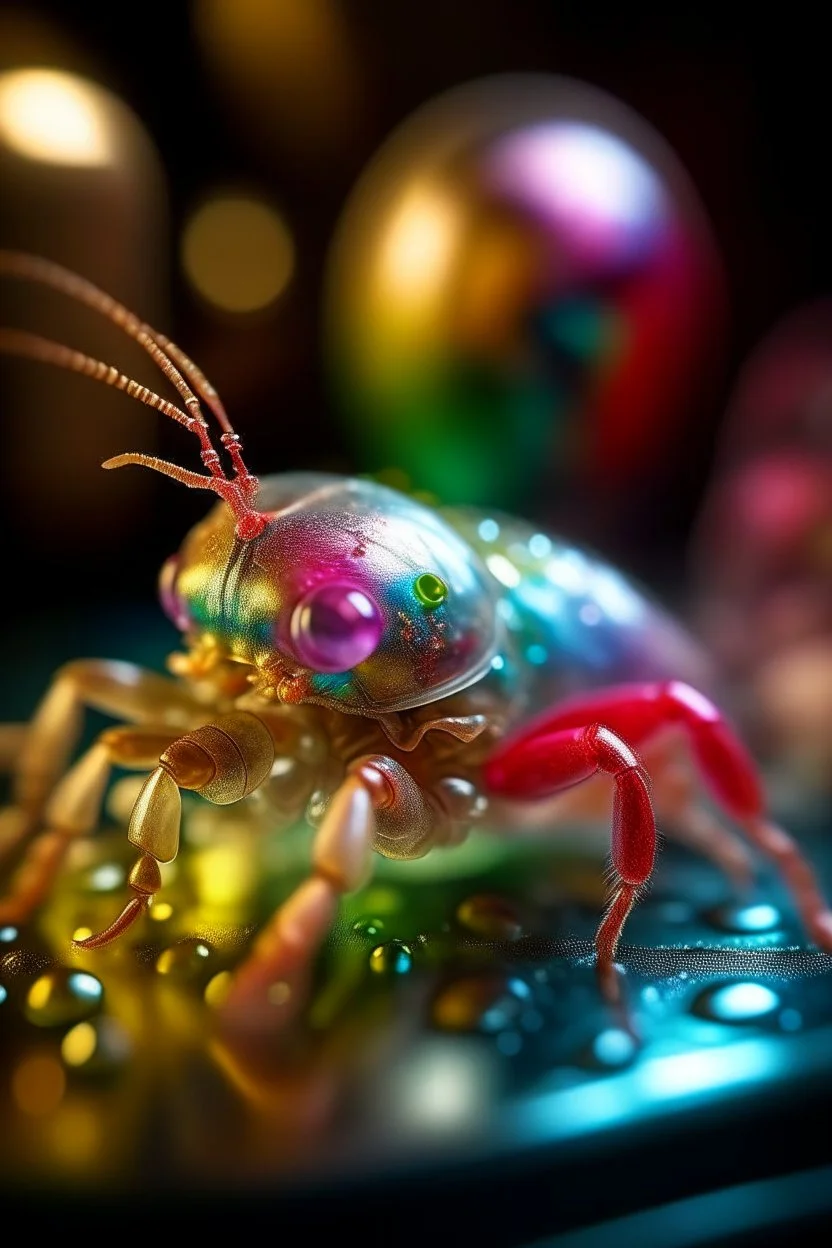 portrait of transparent slimy alien lobster bugs covered with glitter exiting a space ship made of ice cream, smiling with beautiful shiny hair, each inside a pile of transparent jelly bubbles of weird colors, disco egg made of small mirror, light rayz, feast table ,shot on Hasselblad h6d-400c, zeiss prime lens, bokeh like f/0.8, tilt-shift lens 8k, high detail, smooth render, down-light, unreal engine, prize winning