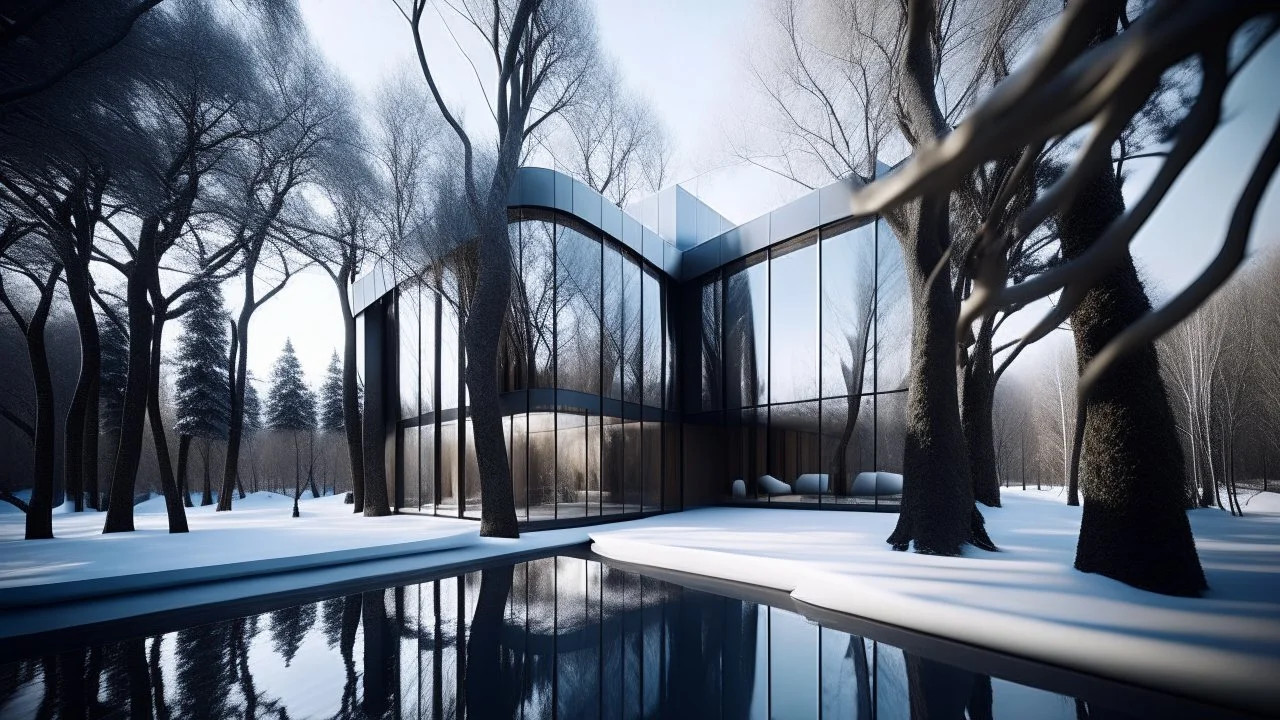 Tall trees with snow-covered branches surround a sleek, futuristic house with large windows and sharp angles. The house sits next to a pool that reflects the bare branches and the snow-covered ground. The winter sun casts a soft, cool light on the scene, creating a serene and surreal atmosphere.