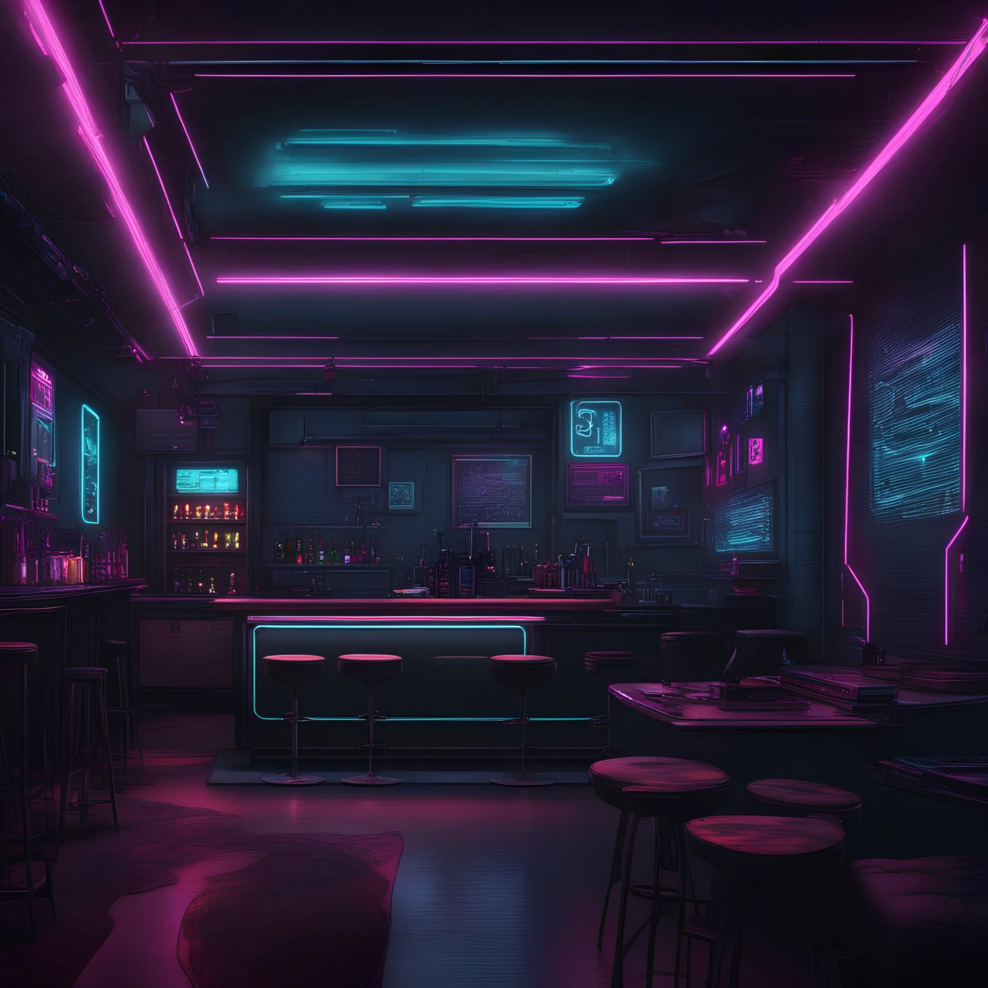 cyberpunk bar with simple shapes and neon lights. Add windows looking into space