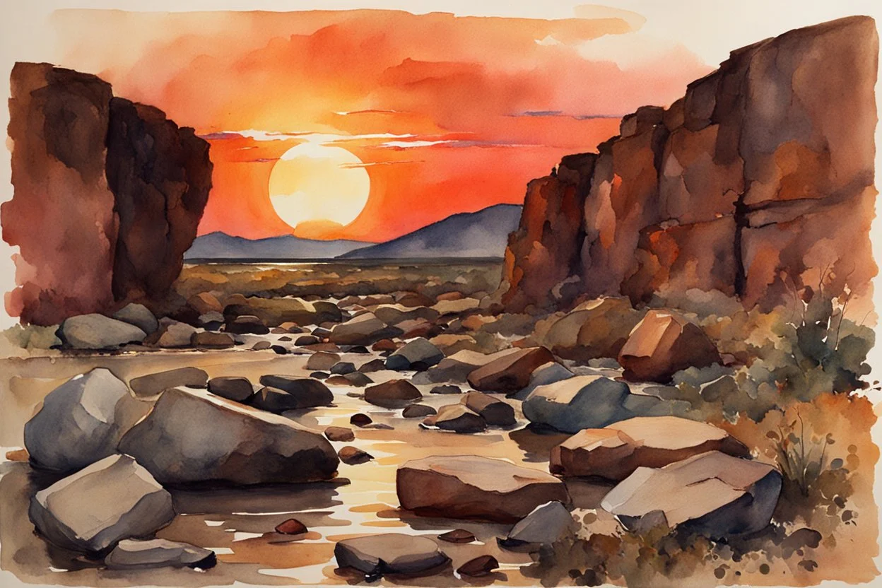 Sunset, rocks, mountains, rocky land, epic, winslow homer watercolor paintings