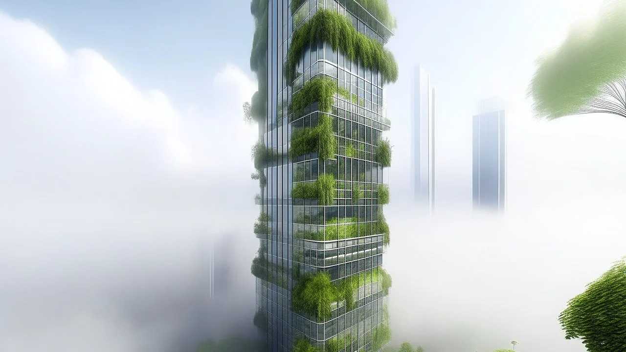 A colossal floating skyscraper characterized by dense vertical gardens dripping with greenery, connected by narrow glass bridges, during a misty morning with fog enveloping the base.