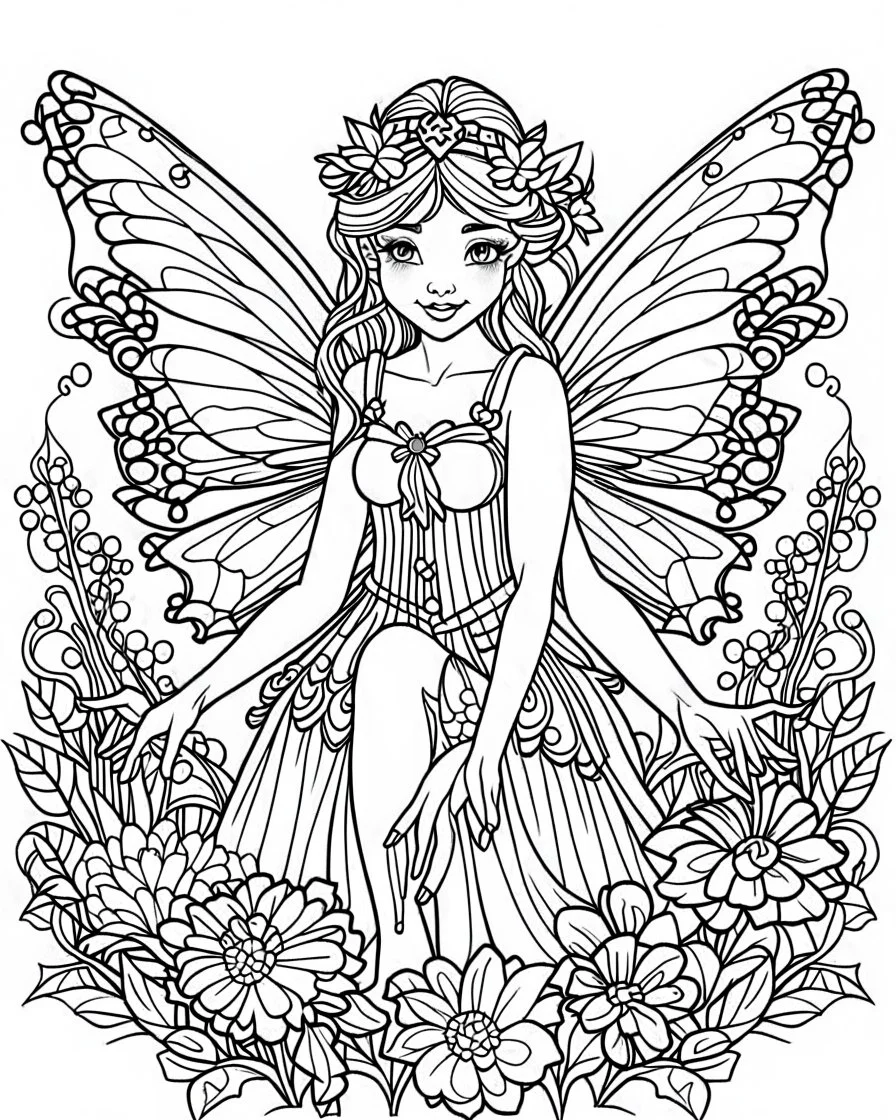 The fairy coloring page cartoon is simple, with bold precise clear lines, no color, white background.