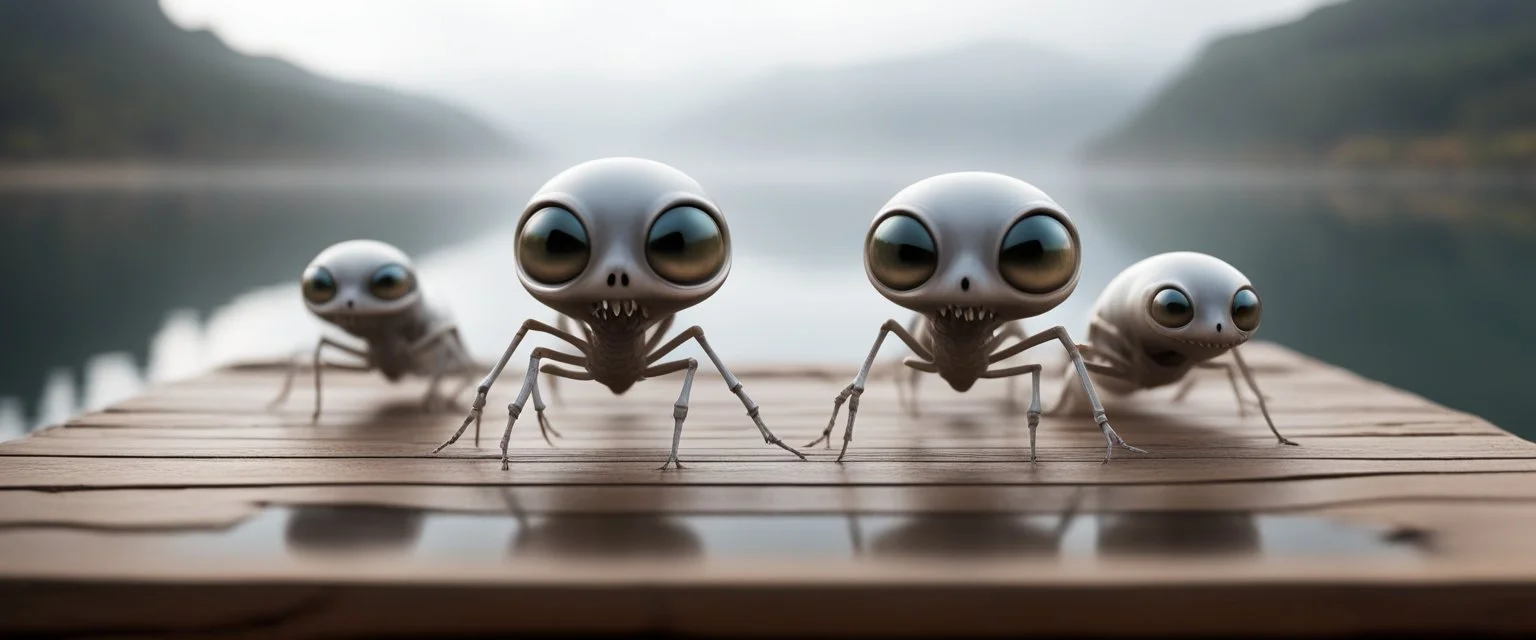 close up on dented glowing ghost transparent ant skeleton rat babies in fast boat with googly eyes, raised by ninja necromancer in the wild, on wooden bridge by lake in surreal reflecting stone chrome landscape, background motion blur, volume light fog, rays, 4d maze