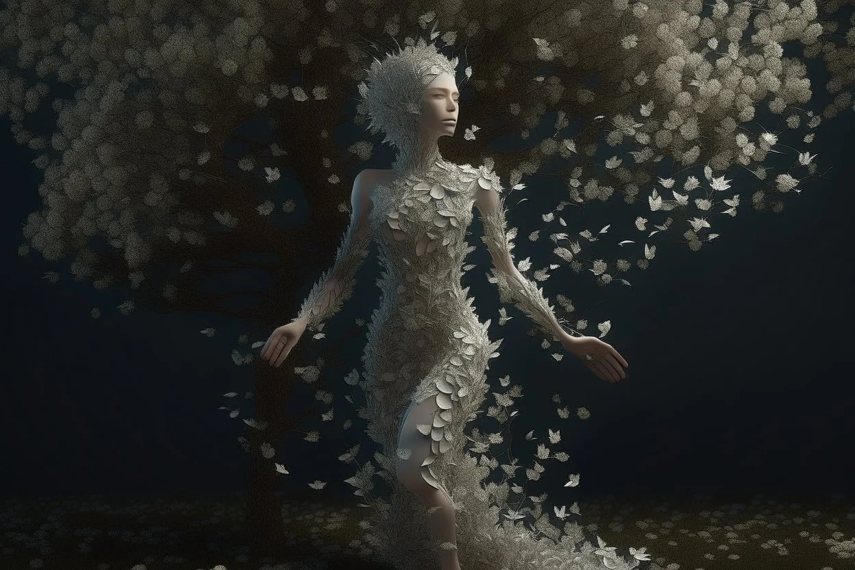 full body shot of a young woman covered in tiny white filigree leaves, emerging from a summer tree, detailed matte painting, deep colour, fantastical, intricate detail