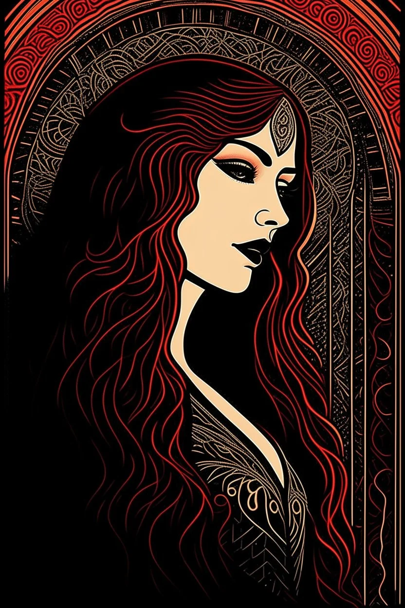 museum quality color woodcut of an ancient female vampire sorceress with highly detailed hair and facial features , in the style of Gustave Baumann, with a fine art aesthetic, highly detailed, finely cut ,8k render,