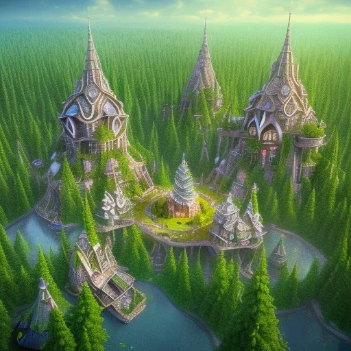 a city made from nature , big tree houses , green elf citizens, cute white elf singing on the middle of the city , from sky view ,4k , realistic