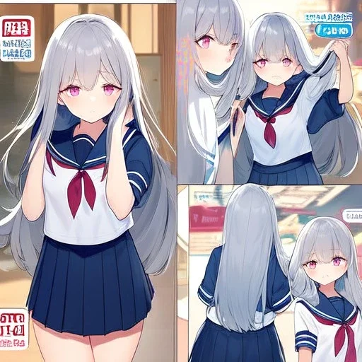 Clear focus,High resolution, grey long fluffy hair, long fluffy bangs, pink eyes, wearing a school outfit, front hair cover eyes, holding hair, wearing a short skirt, high quality comic, school life