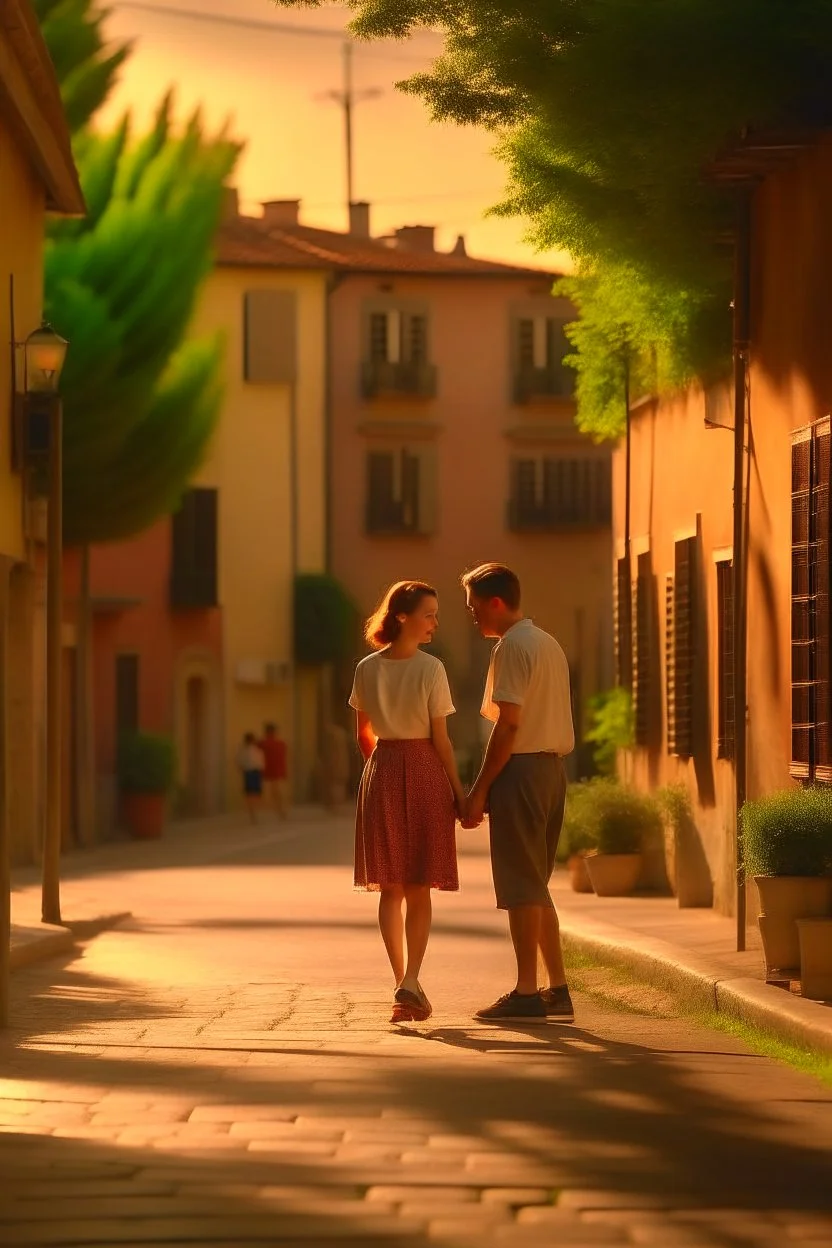 A realistic photo of a small Toscany town in late spring, a pair of inamorato young people on the street, early evening, last shines of sun in Henri Cartier-Bresson style