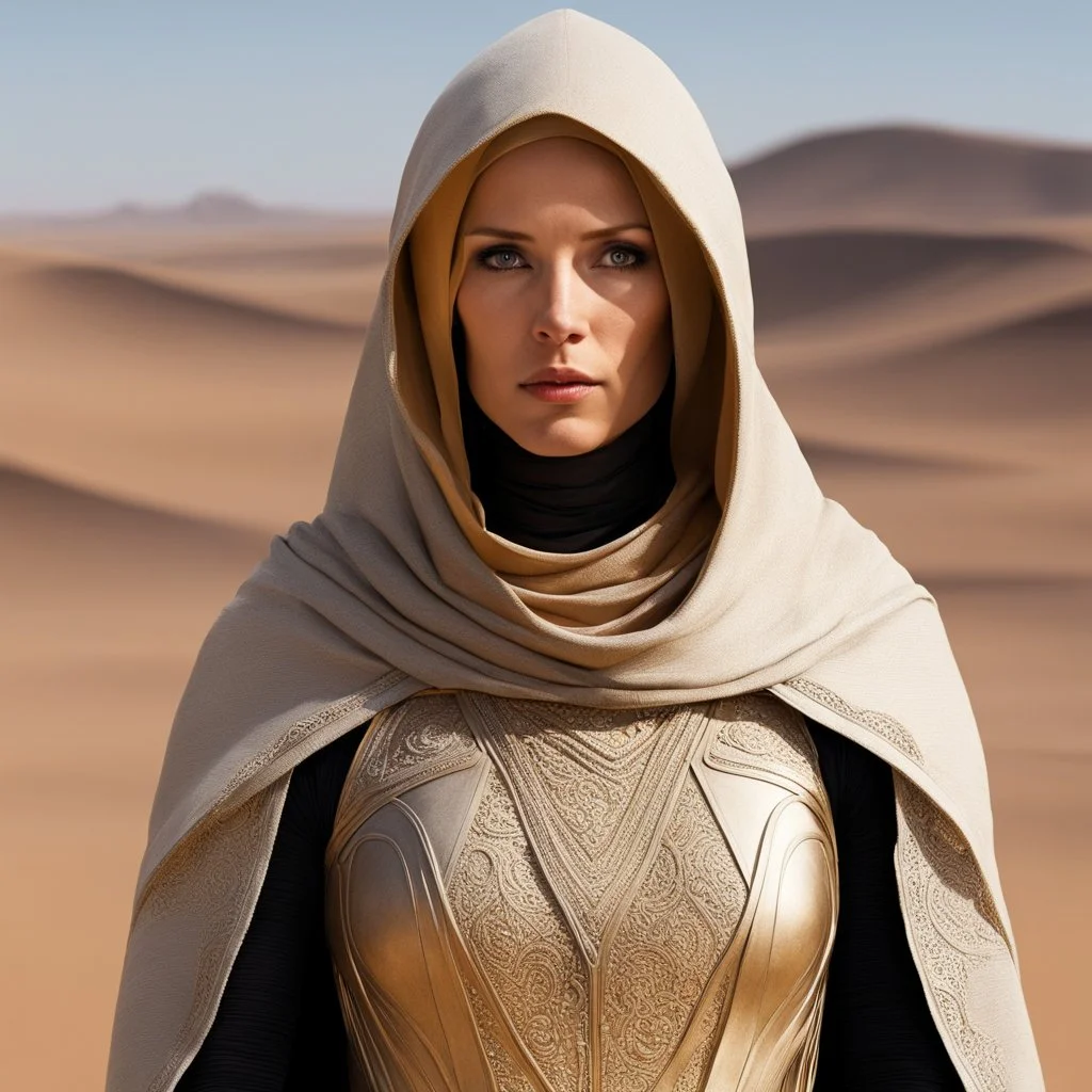 The Bene Gesserit stands amidst the unforgiving desert, a young Bene Gesserit adorned in a stillsuit, a garment as essential as the air she breathes in this harsh environment. The fabric clings to her figure, its intricate design serving a dual purpose—protection and survival. The tight-fitting hood frames her face, shielding it from the relentless sun, while her eyes, sharp and perceptive, scan the horizon for any signs of danger. As she walks, each step kicks up a small cloud of sand, leaving