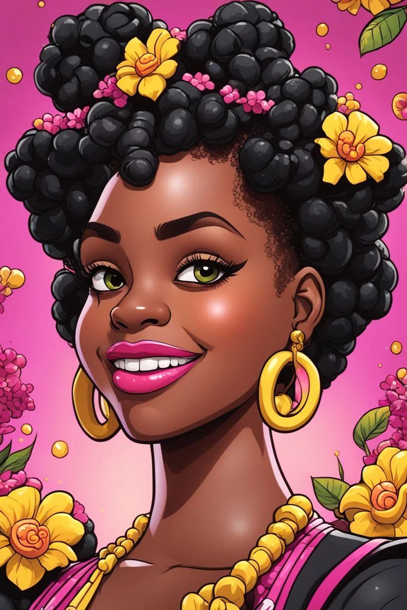 Create a comic book cartoon art style of a curvy black female looking to the side with a smile on her face. Prominent makeup with hazel eyes. Highly detailed Bantu knots with bright yellow and pink flowers surrounding her. 2k