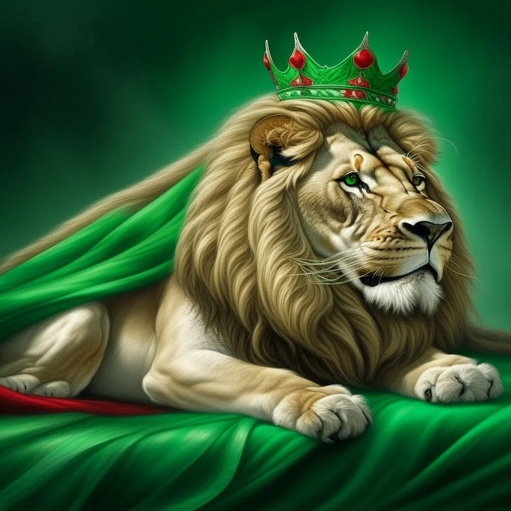 Create A hyper-realistic highly detailed, image of a majestic lion lying down, wearing a royal crown. The lion's fur should be rich and textured, with a regal and powerful presence. Behind the lion, the big flag of the Republic of Bulgaria(white, green,red) waves gracefully, its white, green, and red colors vivid and well-defined. The background should be an elegant, deep black, creating a striking contrast that enhances the grandeur of the lion and the flag. The lighting should be drama