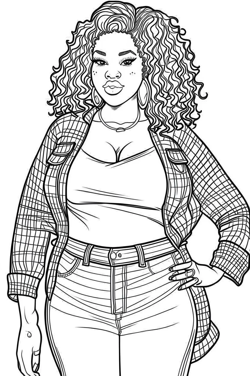 black curvy woman eyes front camera coloring page fashion style full body