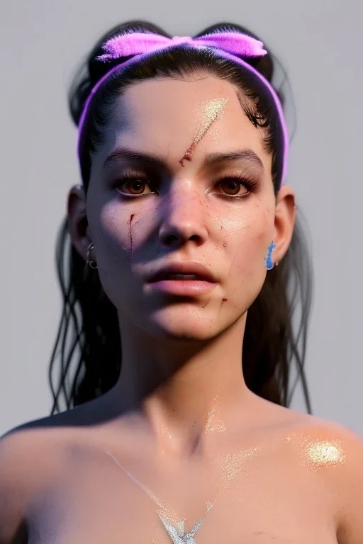 Ultra Realistic image, Rosalía artist, natural body ,portrait, normal complexion, portrait, clean skin, two bows, black eye long liner, sweet face, torn t-shirt, led jewelry, fog, vibrant color, highly detailed, art stations, concept art, smooth, unreal engine 5, god rays, ray tracing, RTX, lumen lighting, ultra detail, volumetric lighting, 3d.