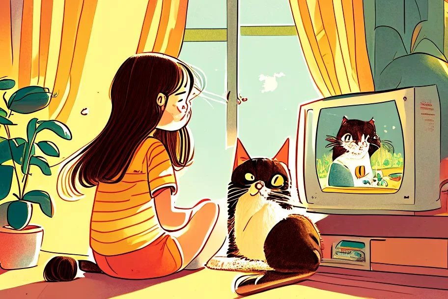 brunette girl watching tv with a cat, children's book illustration in style of Brigette Barrager, Sven Nordqvist and Nicole Rubel in sunshine