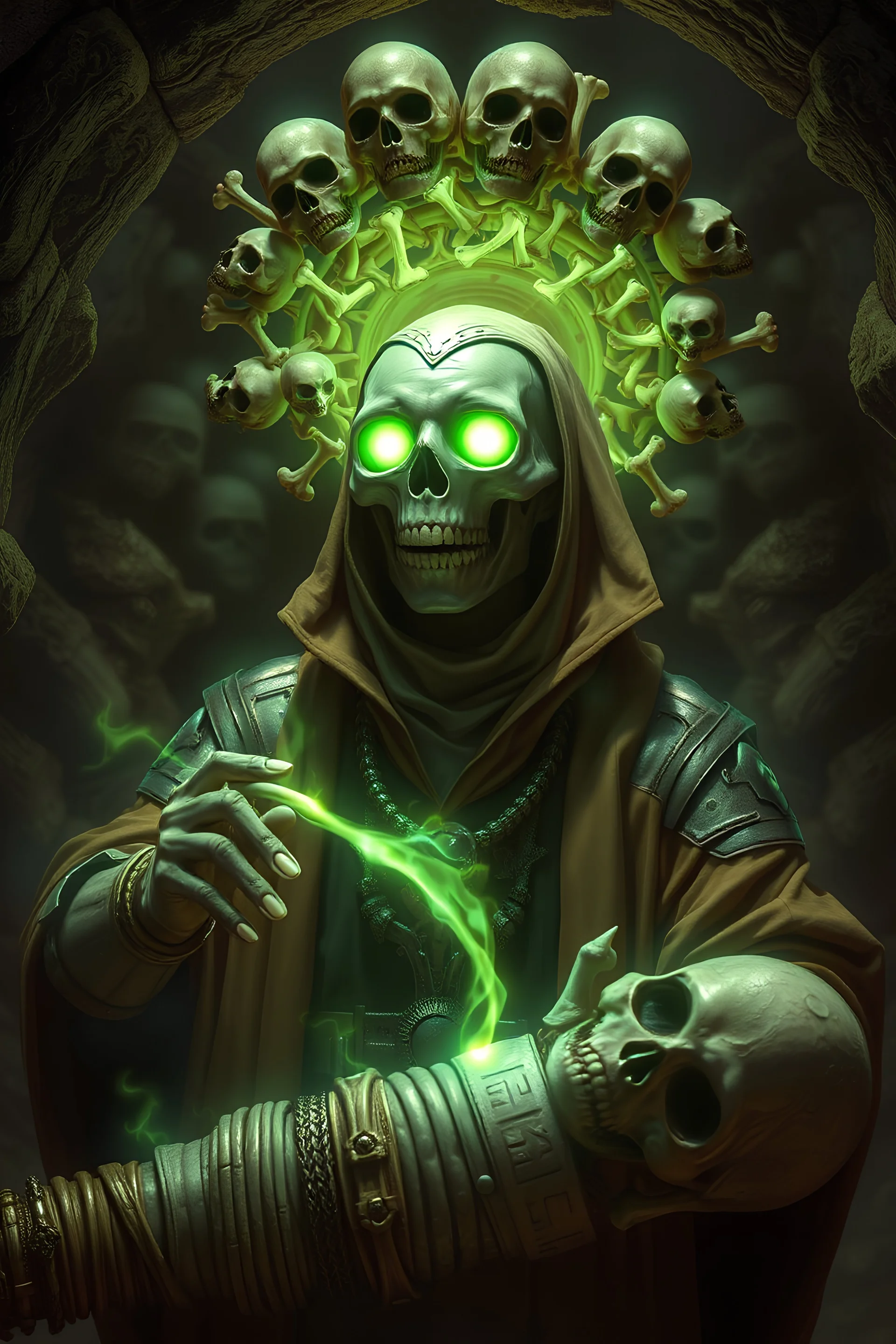 A otherworldly biomechanical necromancer , he is dressed in a fantasy styled robe but reinforced with metal plates , his eyes are radiantly glowing in dim green energy, he has a ghostly halo made of skulls and bones, his aura has many ghostly contorted faces in it, the young necromancer is pulling a string of pure death energy from the remains of a ancient mummy, catacomb interior setting, realistic lighting, realistic details, masterpiece, vivid nightmare visuals