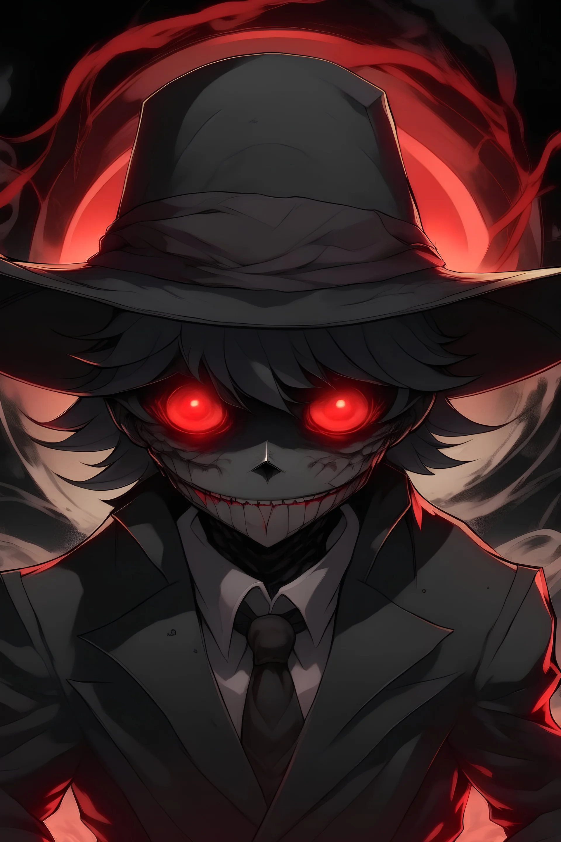A anime character with a a grey straw hat glowing red eyes a shaded head monster hands in a black torn up suit