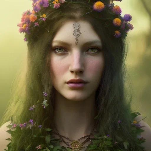 A beautiful female celtic druid with hair made out of flowers, digital art, HD, 8k, high definition, very high quality, detailed eyes, nature, druid, fantasy