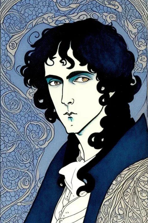 young black haired blue eyed wizard in the style of aubrey beardsley