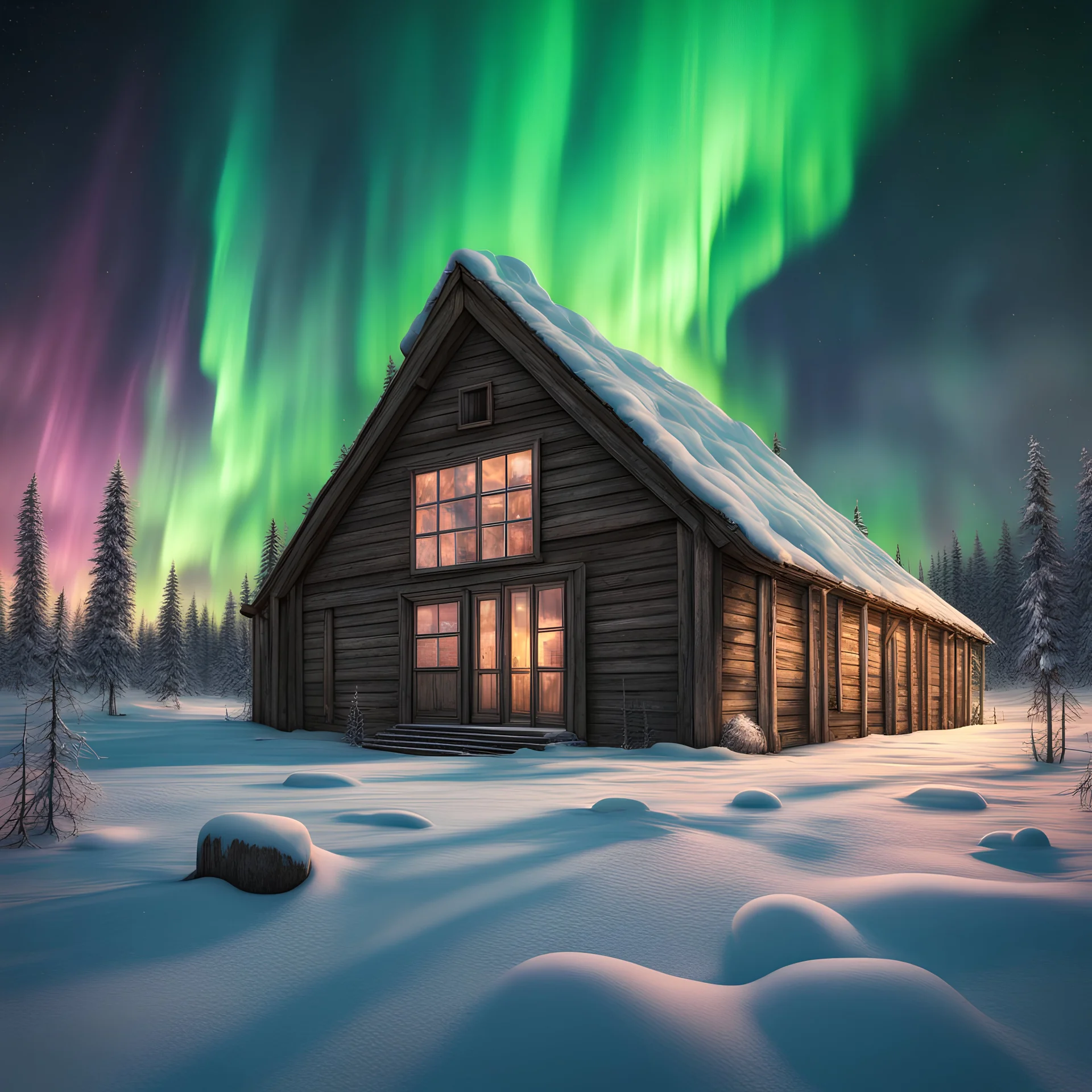 photorealistic cabin in a warehouse, surreal, liminal, winter, inside the cabin is an exterior landscape with aurora borealis