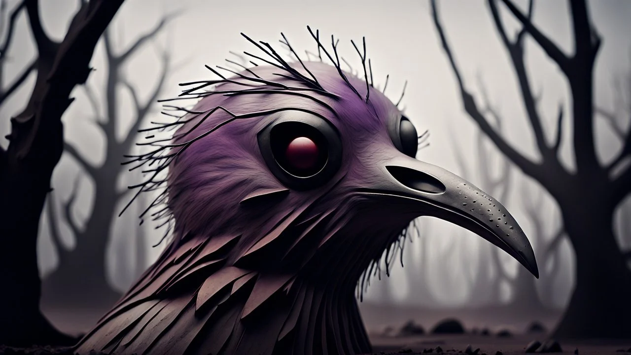 close up weird crepy bird head, and far away Birds and trees in alternative surreal barren, dry, gloomy world, nightmare in abyss, deep vortex, black, gray, purple, brown, silver, dark red colors, surreal, weird dark fantasy, deep dark colors, sharp lines, crepy stunning, high detalied, weird, fog, shadows, realistic, surreal, highly detailed, melancholic thriller mood