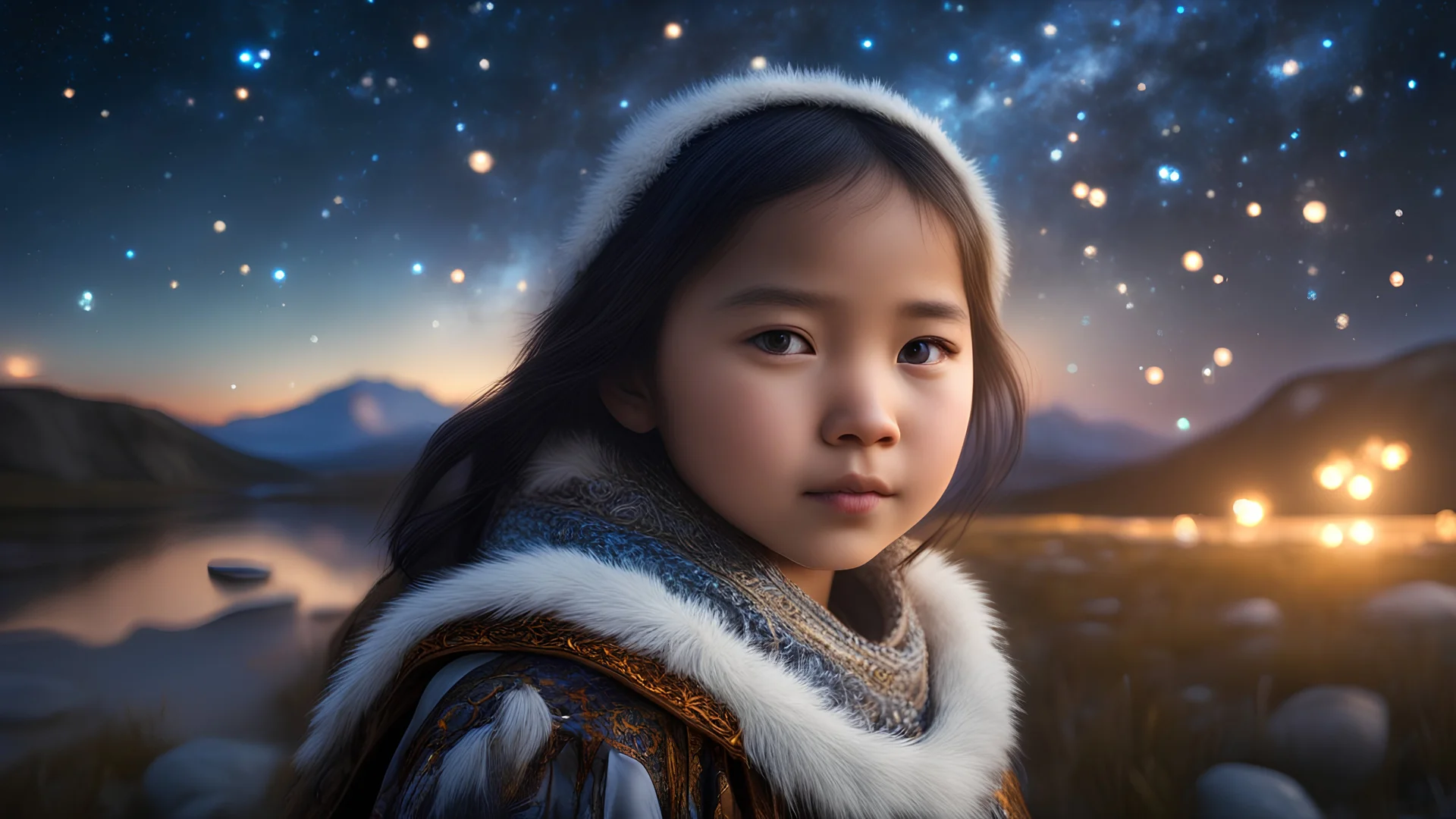 little very young Inuit girl, beautiful, peaceful, gentle, confident, calm, wise, happy, facing camera, head and shoulders, traditional Inuit costume, perfect eyes, exquisite composition, night scene, fireflies, stars, Inuit landscape , beautiful intricate insanely detailed octane render, 8k artistic photography, photorealistic concept art, soft natural volumetric cinematic perfect light, chiaroscuro, award-winning photograph, masterpiece, Raphael, Caravaggio, Bouguereau, Alma-Tadema