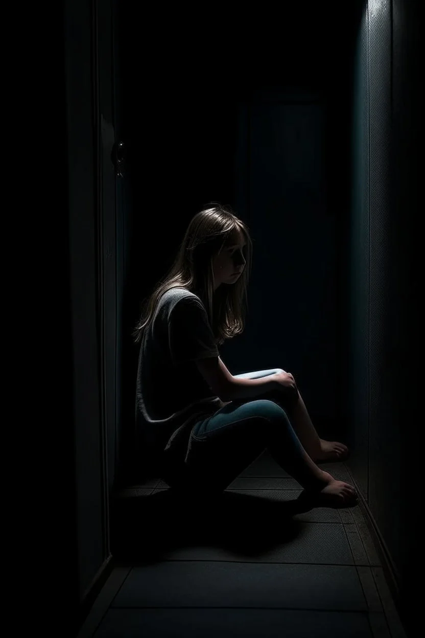 a girl sitting in a dark corner