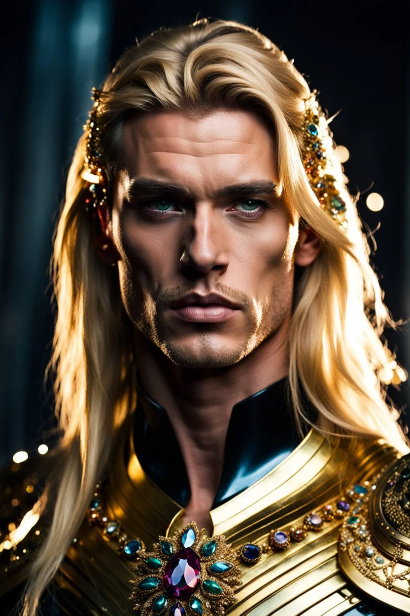 Portrait of a handsome human warrior in a skintight suit with long blond hair and jewels encrusted into his temples