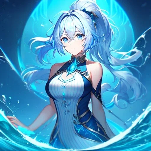 girl, masterpiece, best quality, volumetric lighting, dynamic pose, detailed outfit, perfect eyes, light blue hair, blue eyes, messy hair, hair in between the eyes, water magic, high ponytail,