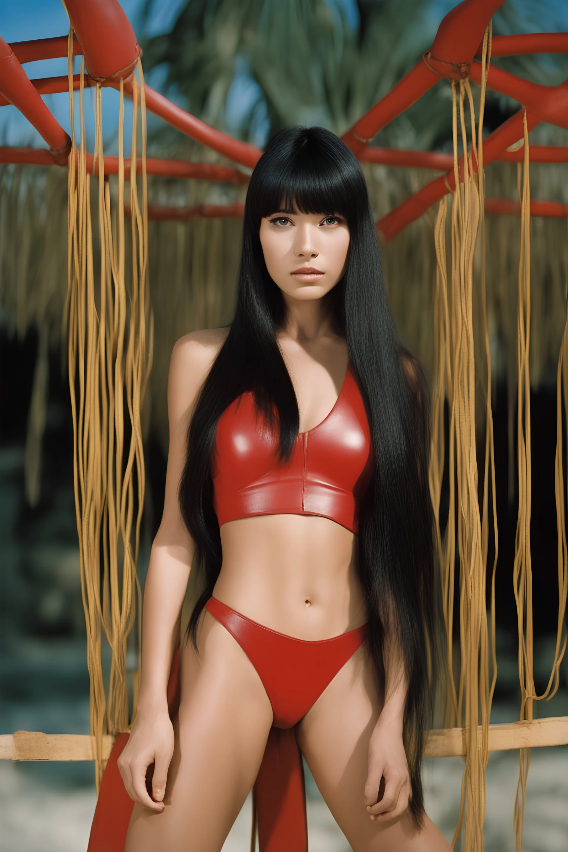 full color Portrait of 18-year-old Lenna Nimoy, with long, straight black hair, the bangs cut straight across the forehead, with a stacked body wearing a red leather string bikini - well-lit, UHD, 1080p, professional quality, 35mm photograph by Scott Kendall