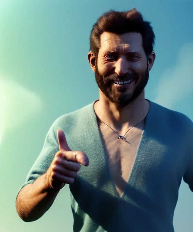 Realistic image, waist up view, a guy making the fuck you gesture with his hand, blue smoke coming out of his eyes, nose and mouth. Happy, smile, soft color, highly detailed, unreal engine 5, ray tracing, RTX, lumen lighting, ultra detail, volumetric lighting, 3d, finely drawn, high definition, high resolution.