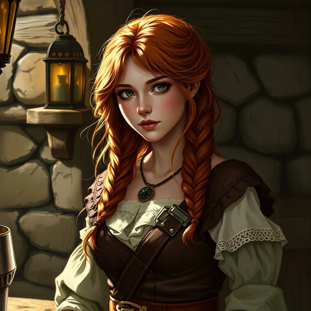 a beautiful tavern wench woman, young, ginger hair, medieval, fantasy art