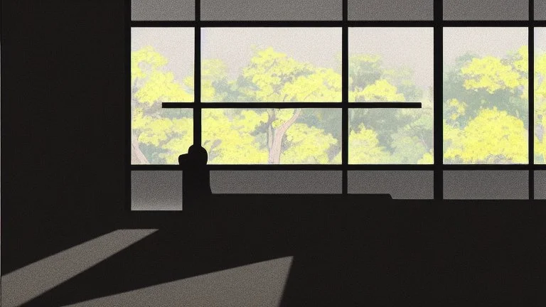monochromatic japanese classroom with a shadowy figure looking out the window holding a transparent key emanating glow that colors the surroundings, anime