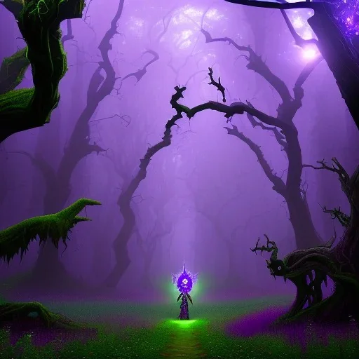 purple elf warlock in a misty enchanted forest