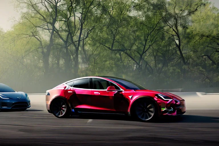 A Tesla 'Model Y' is racing at top speed, in 'Central Park' in New York City. (CINEMATIC, WIDE ANGLE LENS, PHOTO REAL)