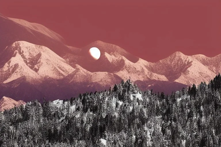 crimson moon, sharp, dark, snow capped mountain, science fiction castle